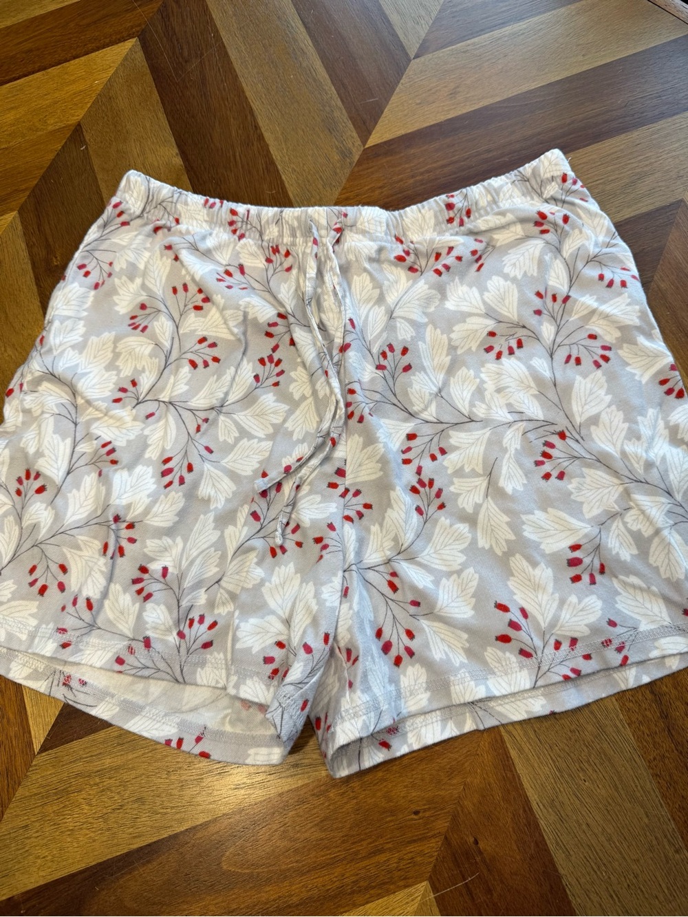 Garnet Hill Light Gray Floral Lounge Shorts with Red Berry Accents